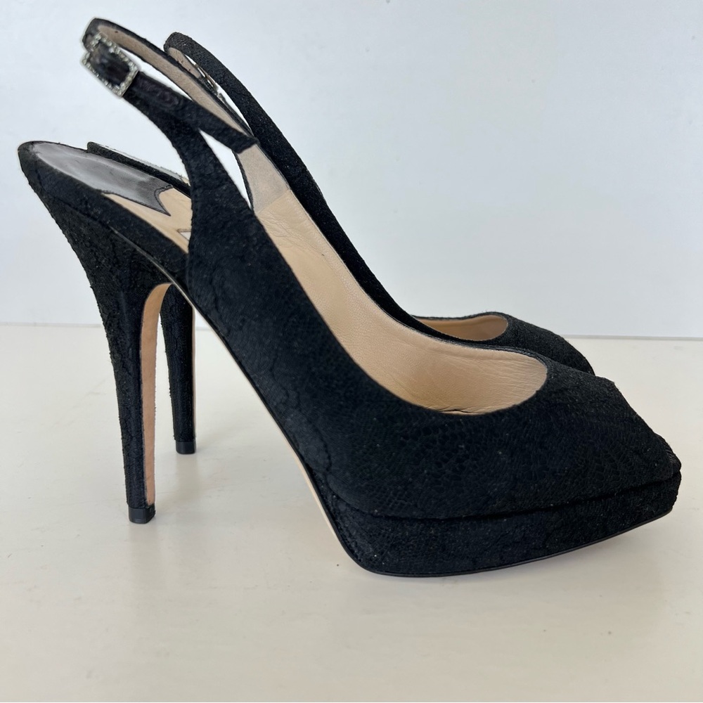 JIMMY CHOO Black Textured Fabric Lace Side Buckle Peep Toe Heel Sandals Sz 37.5 - Picture 2 of 11